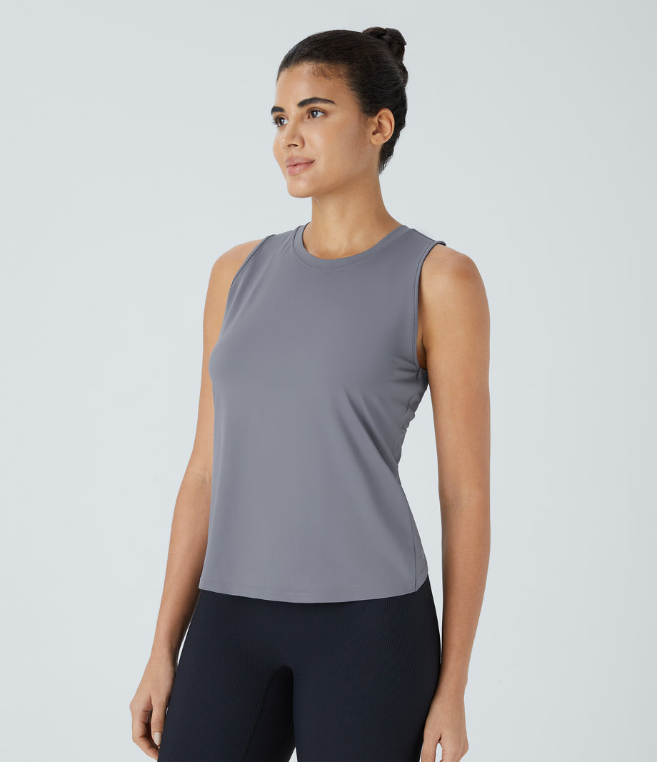 Cut Out Crossover Hem Solid Yoga Tank Top - Cement Gray