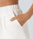High Waisted Elastic Waistband Drawstring Pleated Yoga Shorts 3" with Pockets - White