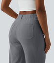 High Waisted Straight Leg Casual Linen-Feel Pants with Pockets - Obsidian Weave
