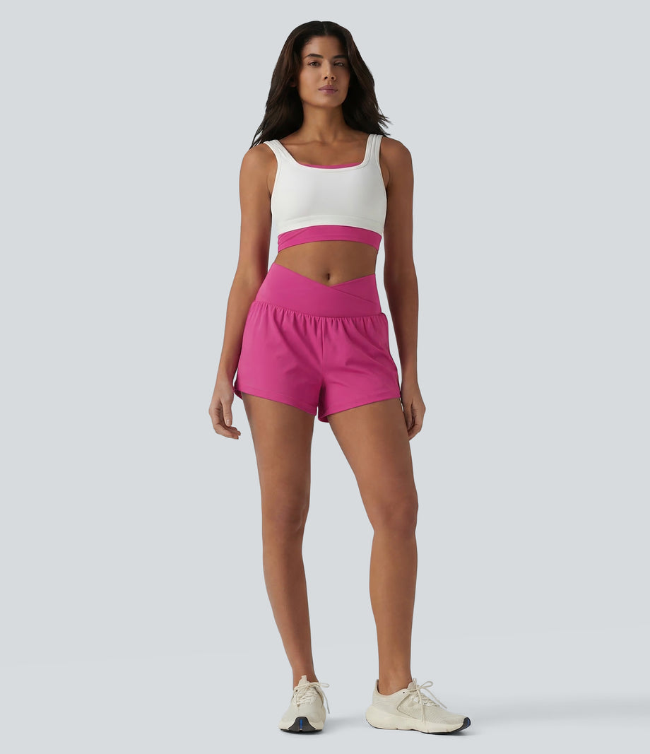 SoftlyZero™ Airy Crossover High Waisted 2-in-1 Cool Touch Yoga Shorts 3'' with Pockets - Fuchsia Fedora