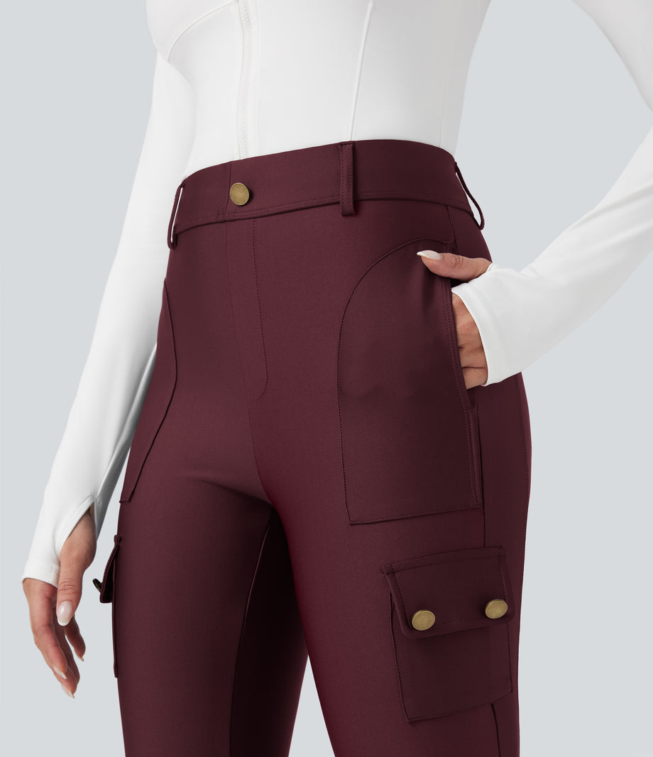 High Waisted Sheen 7/8 Leggings with Pockets - Evening Red