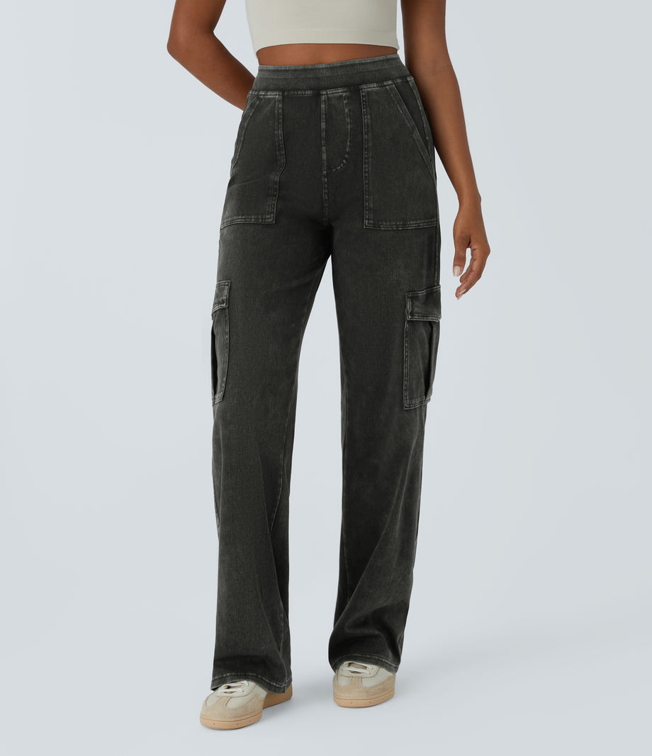 Halara Flex™ Mid Rise Pockets Straight Leg Casual Cargo Jeans - Hemp Rope Black Denim