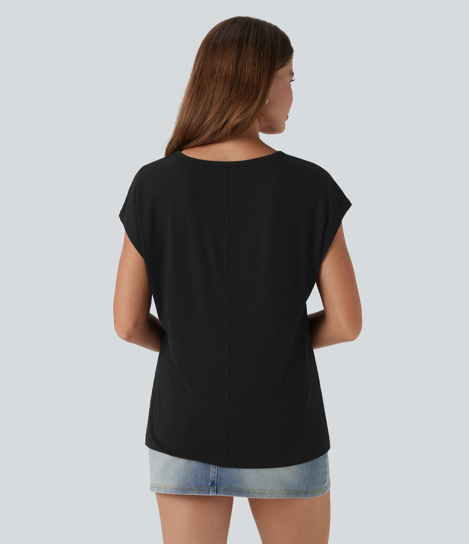 V Neck Short Sleeve Casual T-Shirt - Black