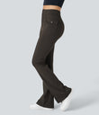 High Waisted Side Flap Pocket Flare Casual Cargo Pants - Hazelnut Black