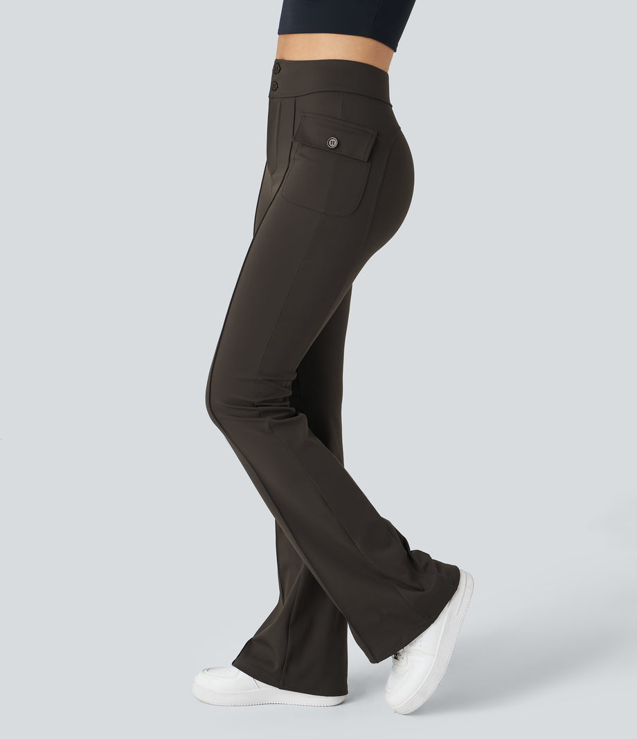 High Waisted Side Flap Pocket Flare Casual Cargo Pants - Hazelnut Black