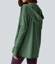 Hooded Cowl Neck Long Sleeve Thumb Hole Yoga Sports Top with Pockets - Dark Ivy