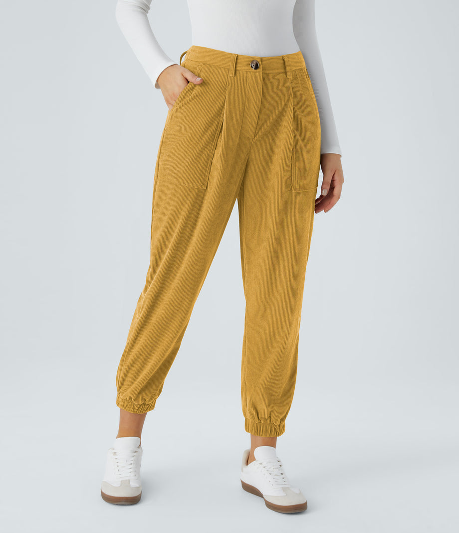 Mid Rise Zipper Pockets Corduroy Casual Joggers - Amber Gold
