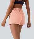 High Waisted Elastic Waistband Drawstring Pleated Yoga Shorts 3" with Pockets - Peach Parfait