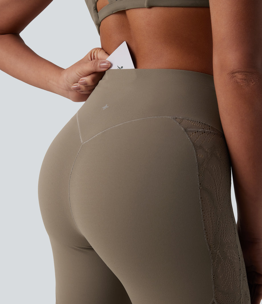 Halara UltraSculpt™ High Waisted Tummy Control Contrast Lace Yoga Flare Leggings with Pocket - Dawn Brown