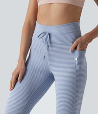 High Waisted Drawstring Striped Yoga Leggings with Pockets - Cloud Stripe