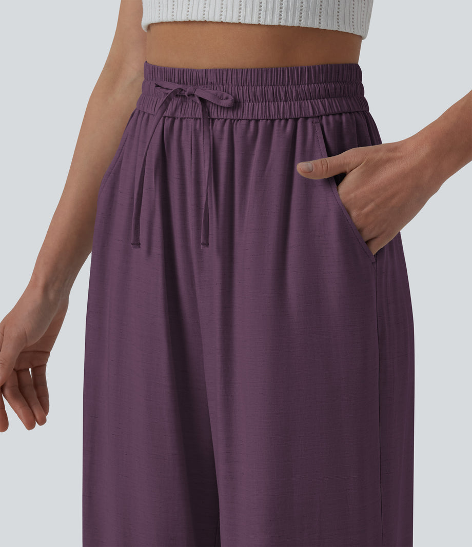 High Waisted Drawstring Wide Leg Casual Linen-Blend Pants with Pockets - Zinfandel