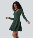 Ribbed Knit V Neck Long Sleeve Flare Mini Casual Dress with Pockets - Mottled Greenlake