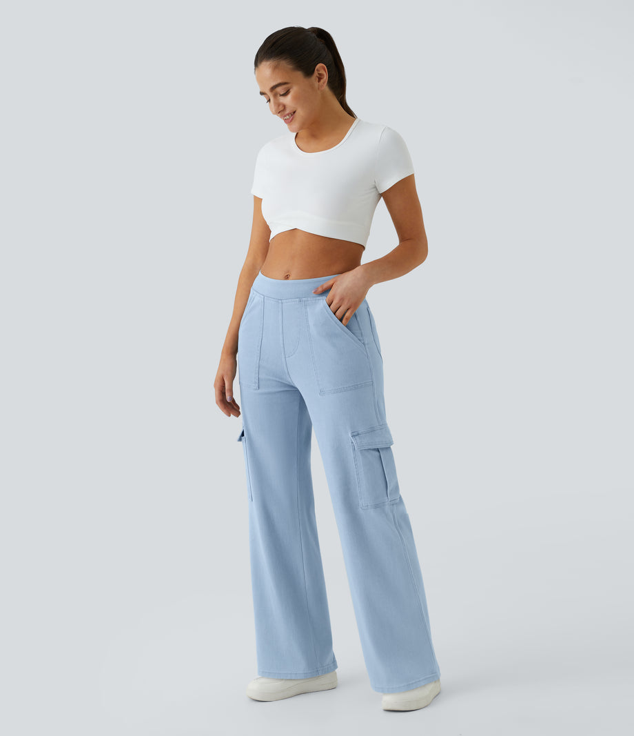 Halara Flex™ Mid Rise Pockets Straight Leg Casual Cargo Jeans - Denim Cyan Blue