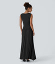 Ribbed Boat Neck Asymmetric Strap Ruched Pocket Flowy Maxi Casual Dress - Black