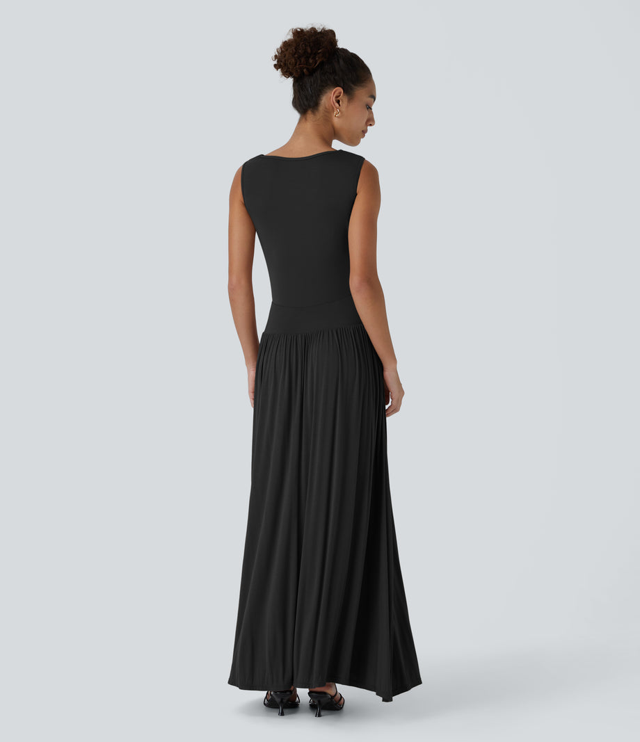 Ribbed Boat Neck Asymmetric Strap Ruched Pocket Flowy Maxi Casual Dress - Black