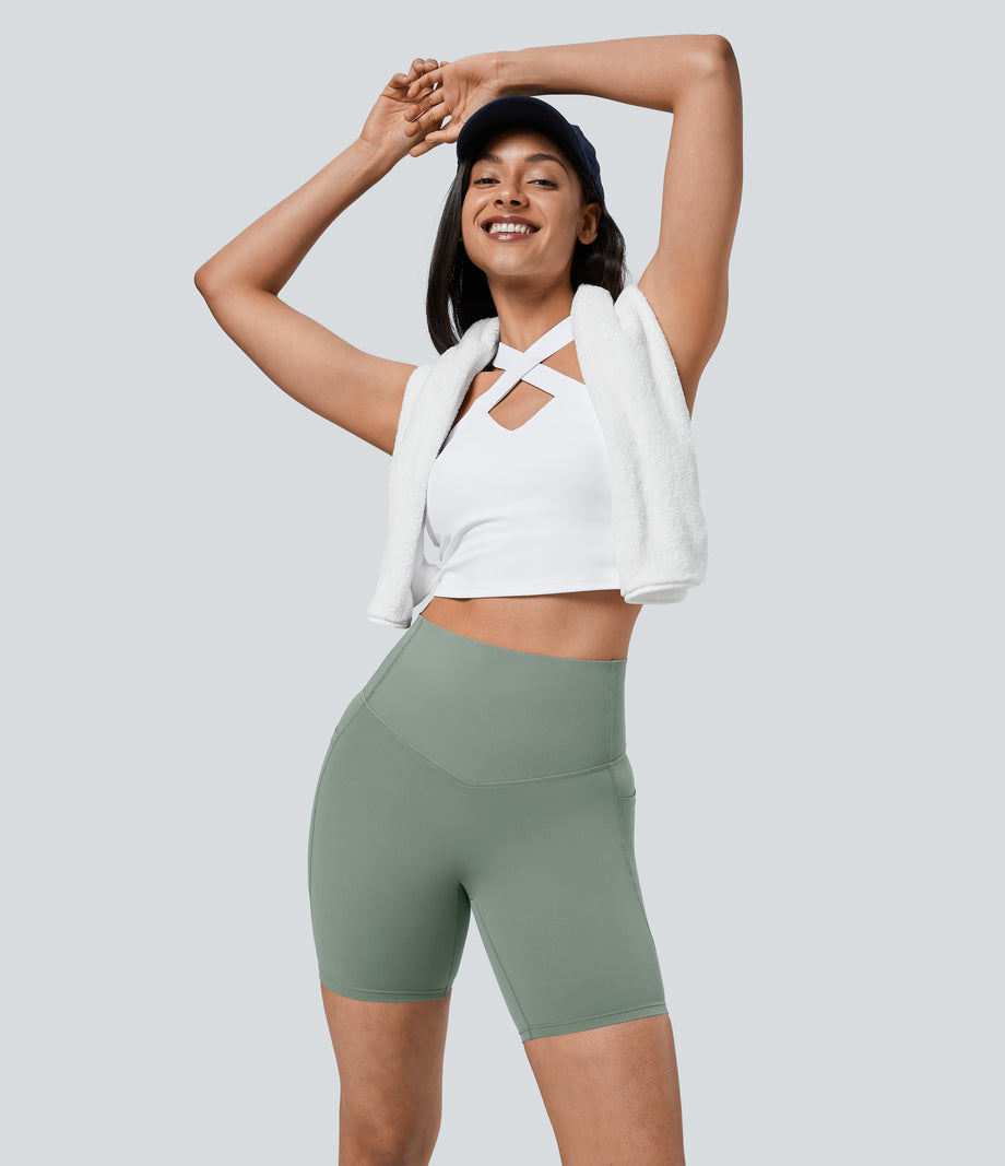 Halara UltraSculpt™ High Waisted Tummy Control Pocket Shaping Training Biker Shorts 7'' - Iceberg Green