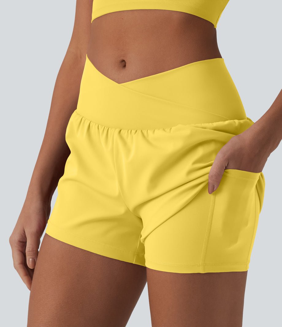 SoftlyZero™ Airy Crossover High Waisted 2-in-1 Cool Touch Yoga Shorts 3'' with Pockets - Goldfinch