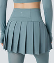 Breezeful™ High Waisted Pleated 2-in-1 Contrast Mesh Quick Dry Dance Stirrup Skirted Leggings with Pockets - Stone Blue