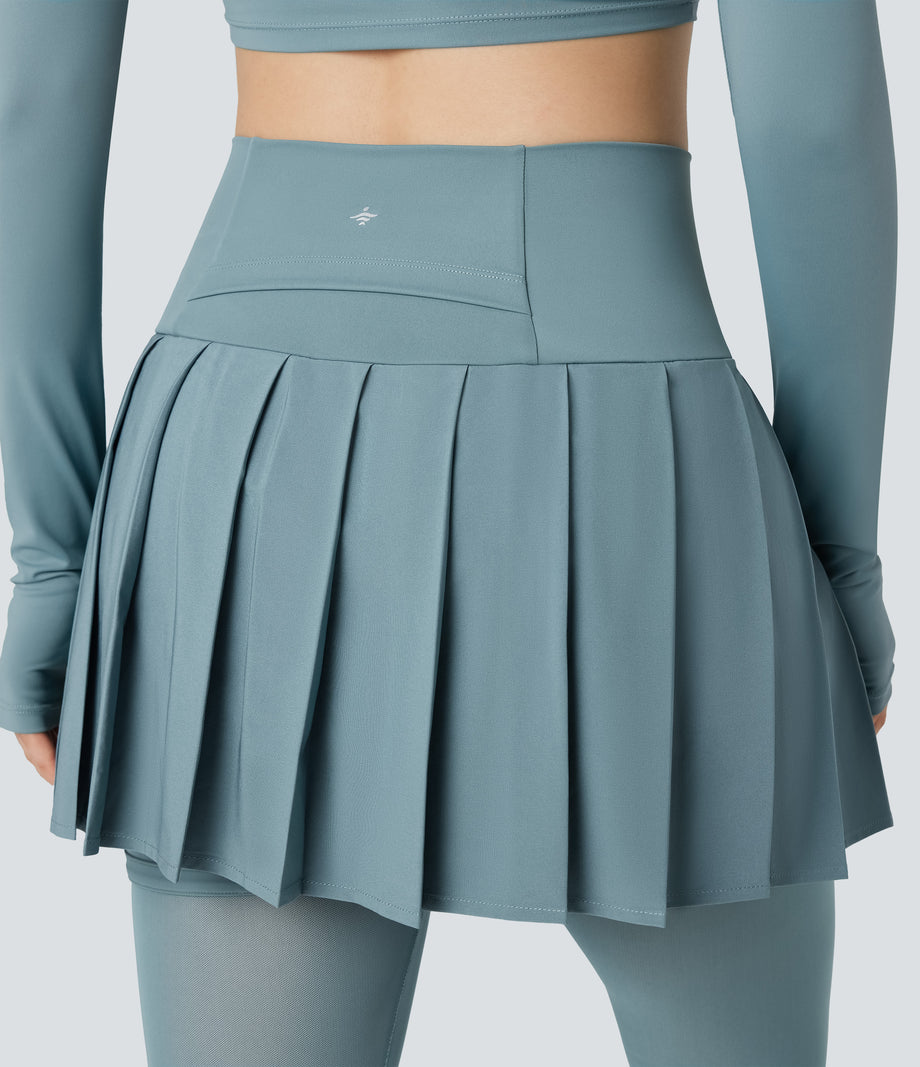 Breezeful™ High Waisted Pleated 2-in-1 Contrast Mesh Quick Dry Dance Stirrup Skirted Leggings with Pockets - Stone Blue