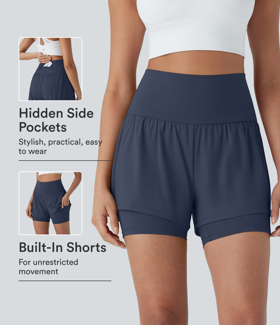 SoftlyZero™ Airy Super High Waisted 2-in-1 Cool Touch Yoga Shorts 5'' with Pockets - Mood Indigo