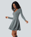 Ribbed Knit V Neck Long Sleeve Flare Mini Casual Dress with Pockets - Light Blue Floral Velvet