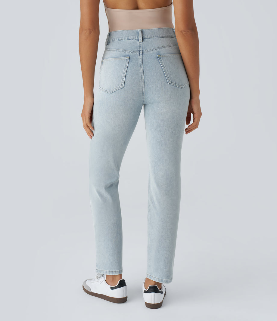 Halara Flex™ High Waisted Pockets Straight Leg Washed Casual Jeans - Light Azure Denim
