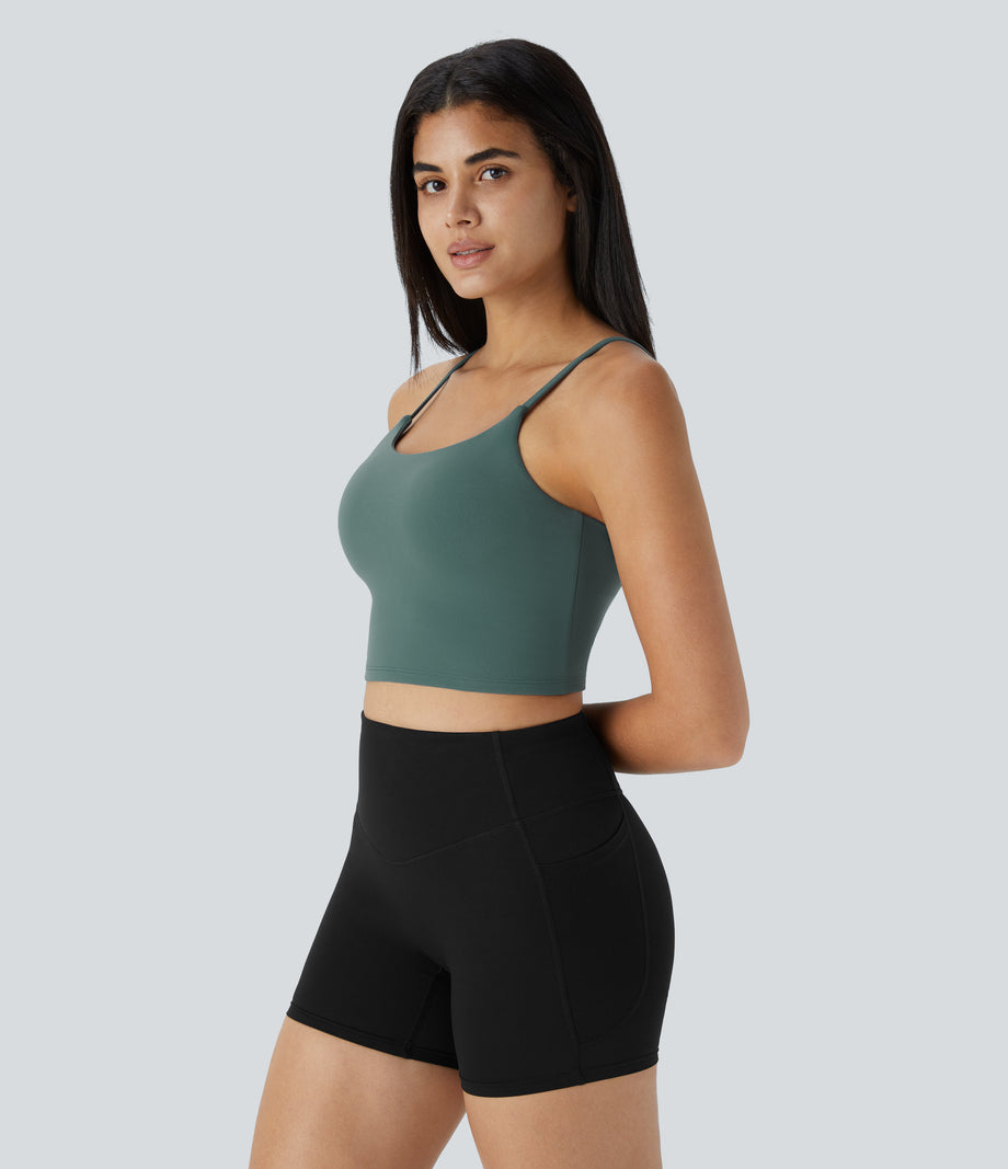 Basic Padded Workout Cropped Low Support Tank Top A-D Cups - Blue Spruce