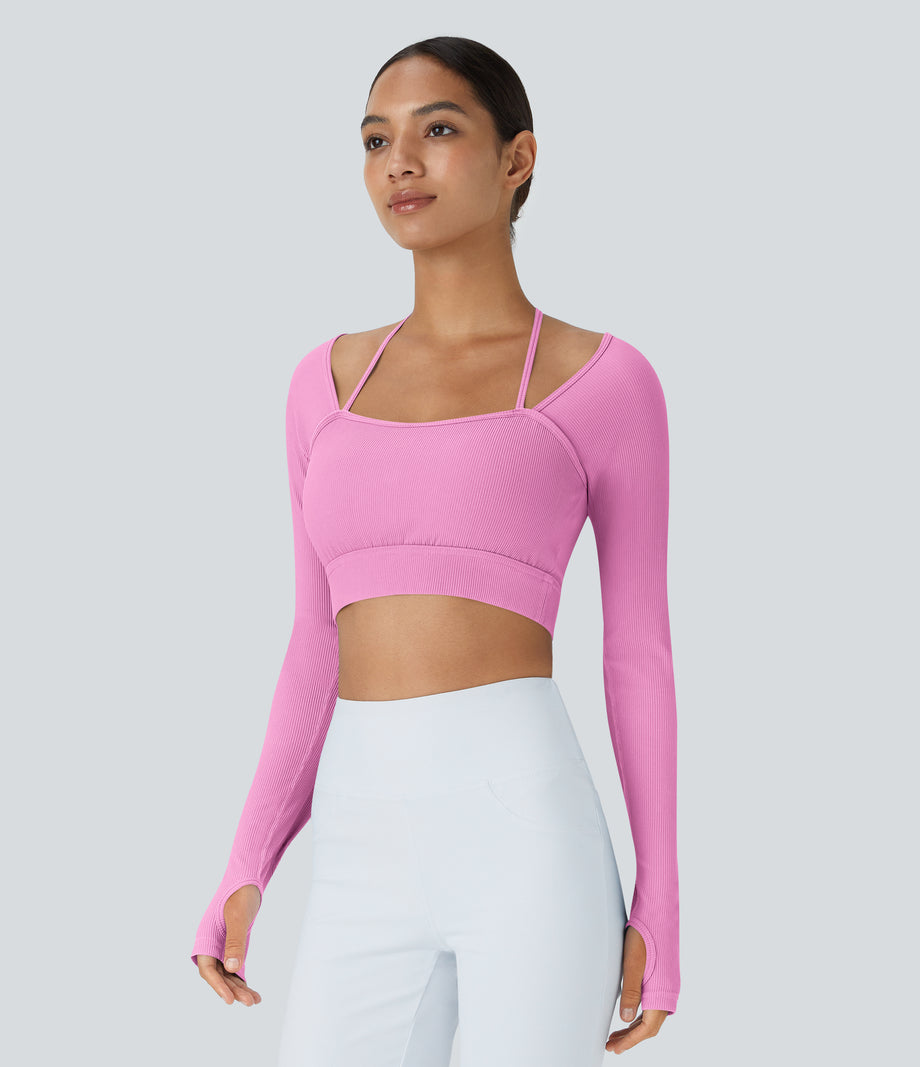 Ribbed Halter Strap Thumb Hole Cropped Yoga Sports Top - Soft Light Purple