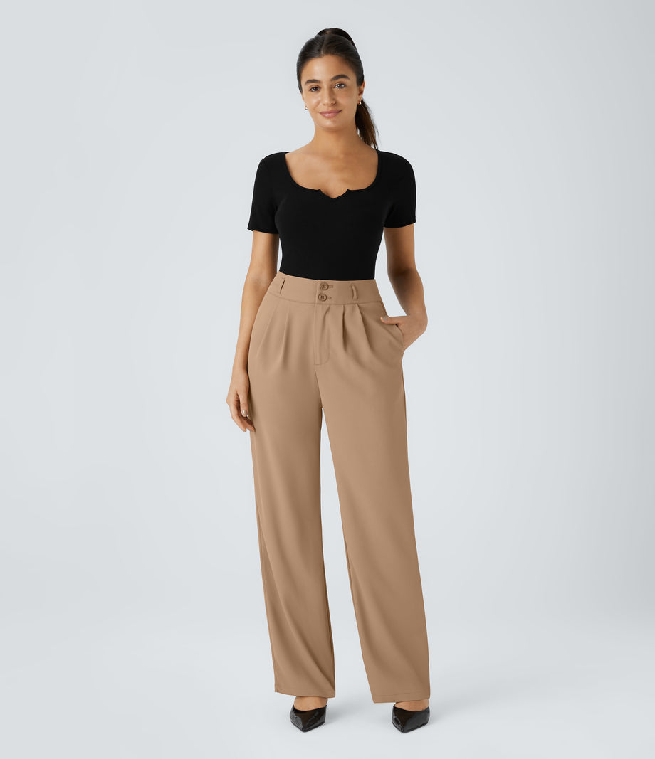 Halara Flex™ High Waisted Zipper Pocket Shirred Straight Leg Work Pants - Cartouche