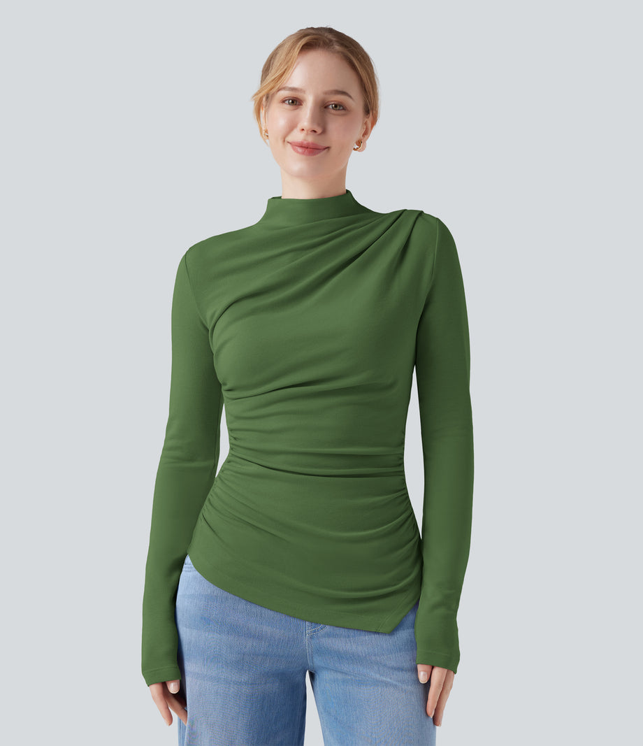 Mock-neck Long Sleeve Ruched Asymmetric Hem Thermal Casual Top - Cactus