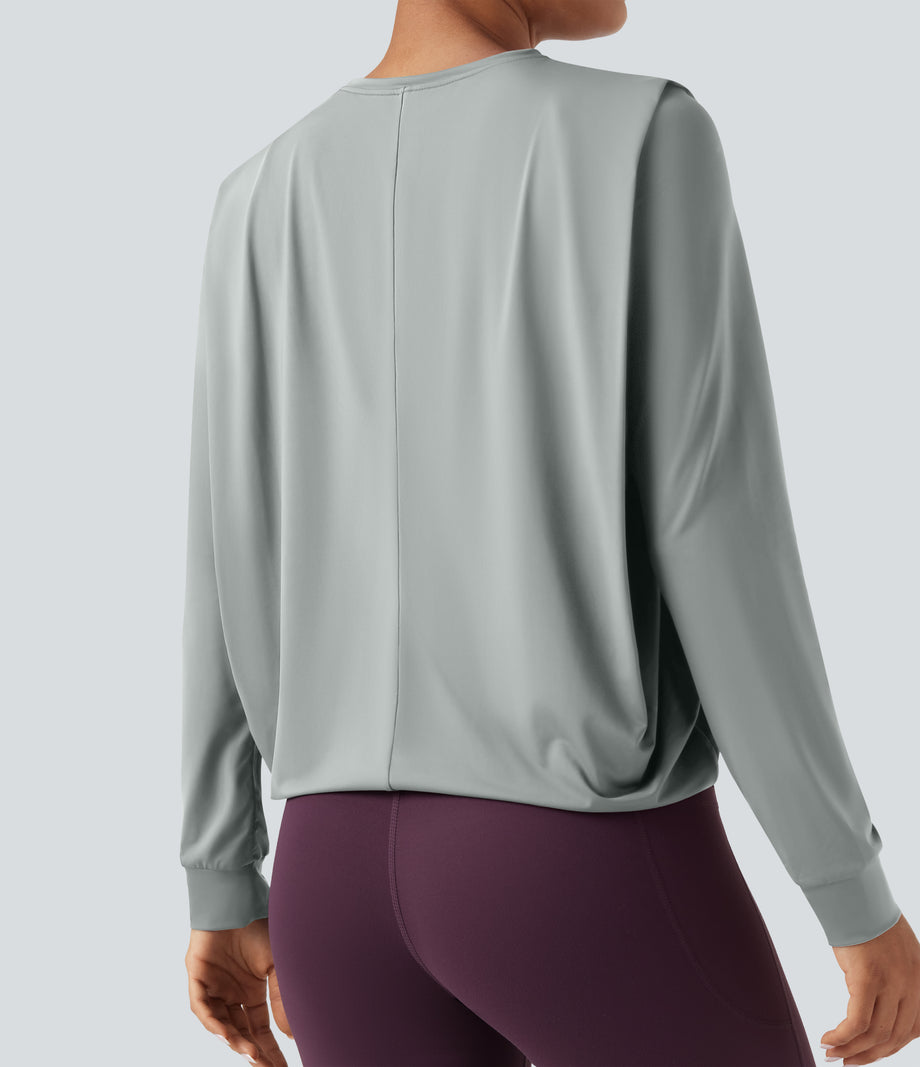 Round Neck Long Sleeve Ruched Yoga Sports Top-UPF50+ - Mirage Gray