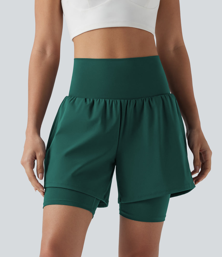 SoftlyZero™ Airy Super High Waisted 2-in-1 Cool Touch Yoga Shorts 7'' with Pockets - Forest Biome