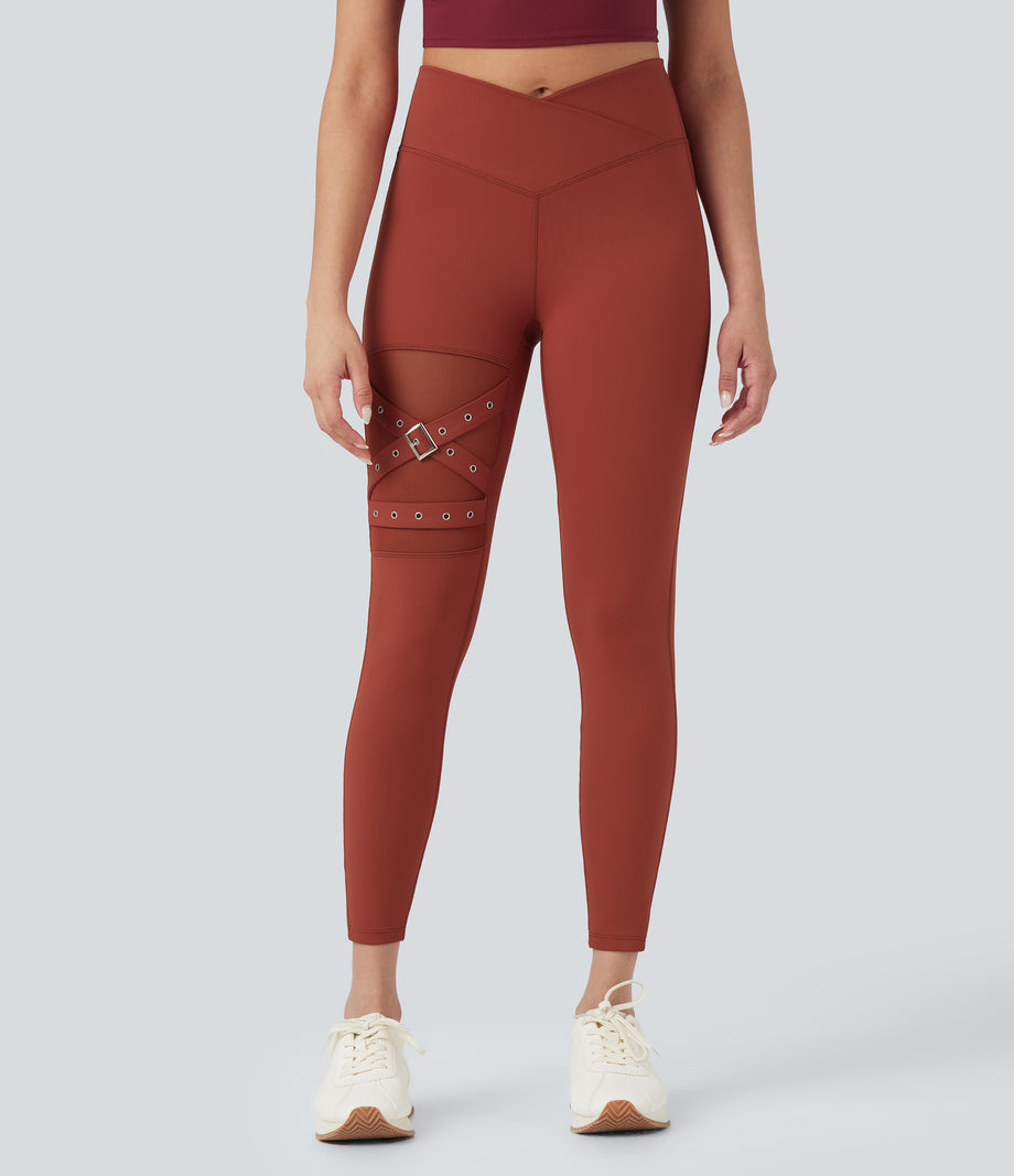 DayStretch High Waisted Crossover Contrast Mesh Decorative Buckle Yoga Leggings - Cinnabar