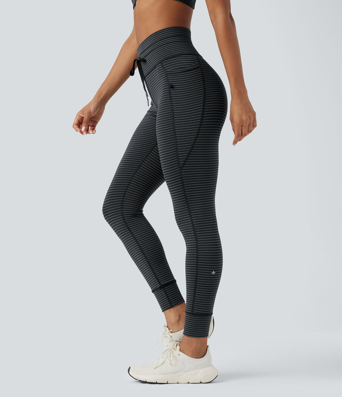 High Waisted Drawstring Striped Yoga Leggings with Pockets - Steel Stripe