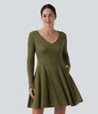 Ribbed Knit V Neck Long Sleeve Flare Mini Casual Dress with Pockets - Moss Green Floral Velvet