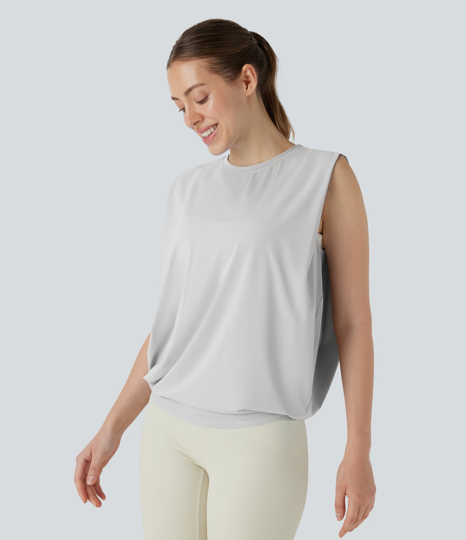 Round Neck Ruched Cool Touch Yoga Tank Top-UPF50+ - Nimbus Cloud