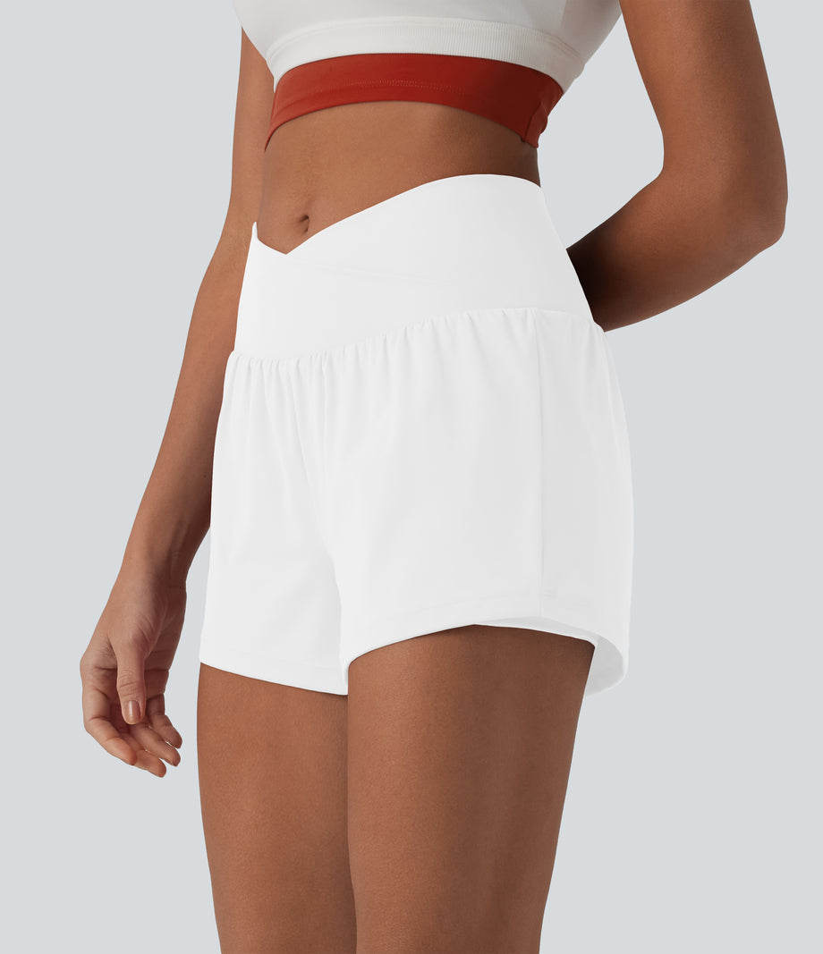 SoftlyZero™ Airy Crossover High Waisted 2-in-1 Cool Touch Yoga Shorts 3'' with Pockets - White
