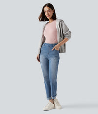Halara Flex™ High Waisted Rolled Hem Casual Slim Jeans with Pockets -  Blue Jasper Denim