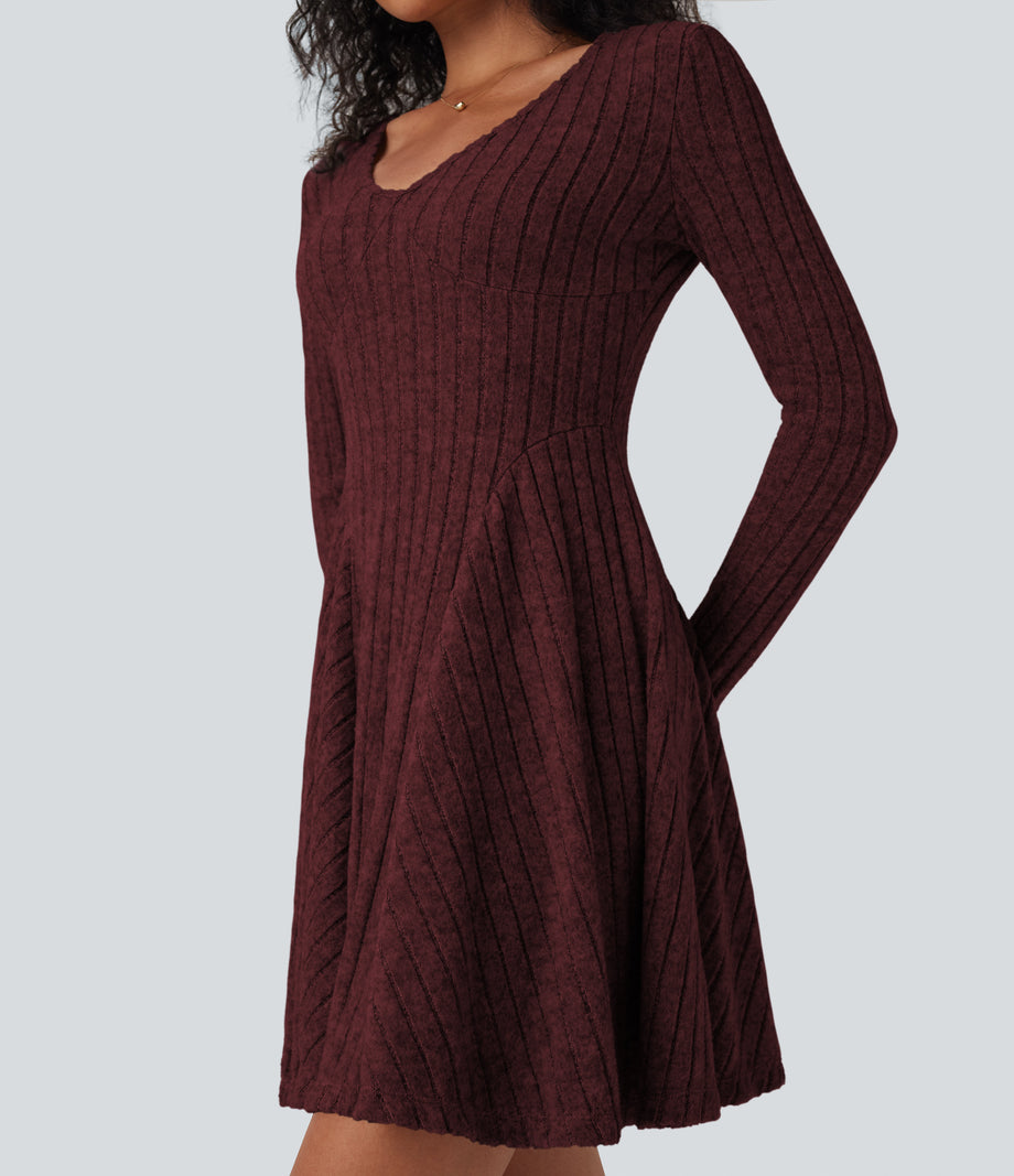 Ribbed Knit V Neck Long Sleeve Flare Mini Casual Dress with Pockets - Wine Red Floral Yarn