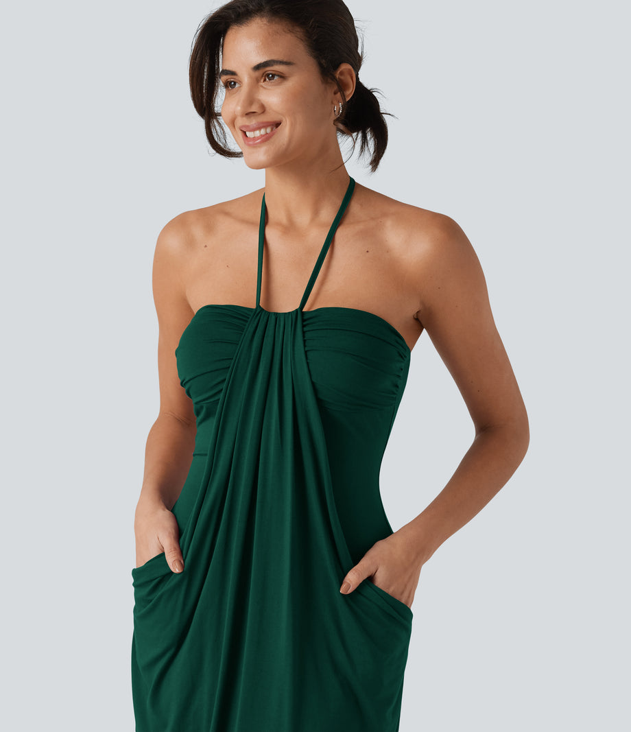 Halter Tie Back Mini Resort Dress with Pockets - Rain Forest