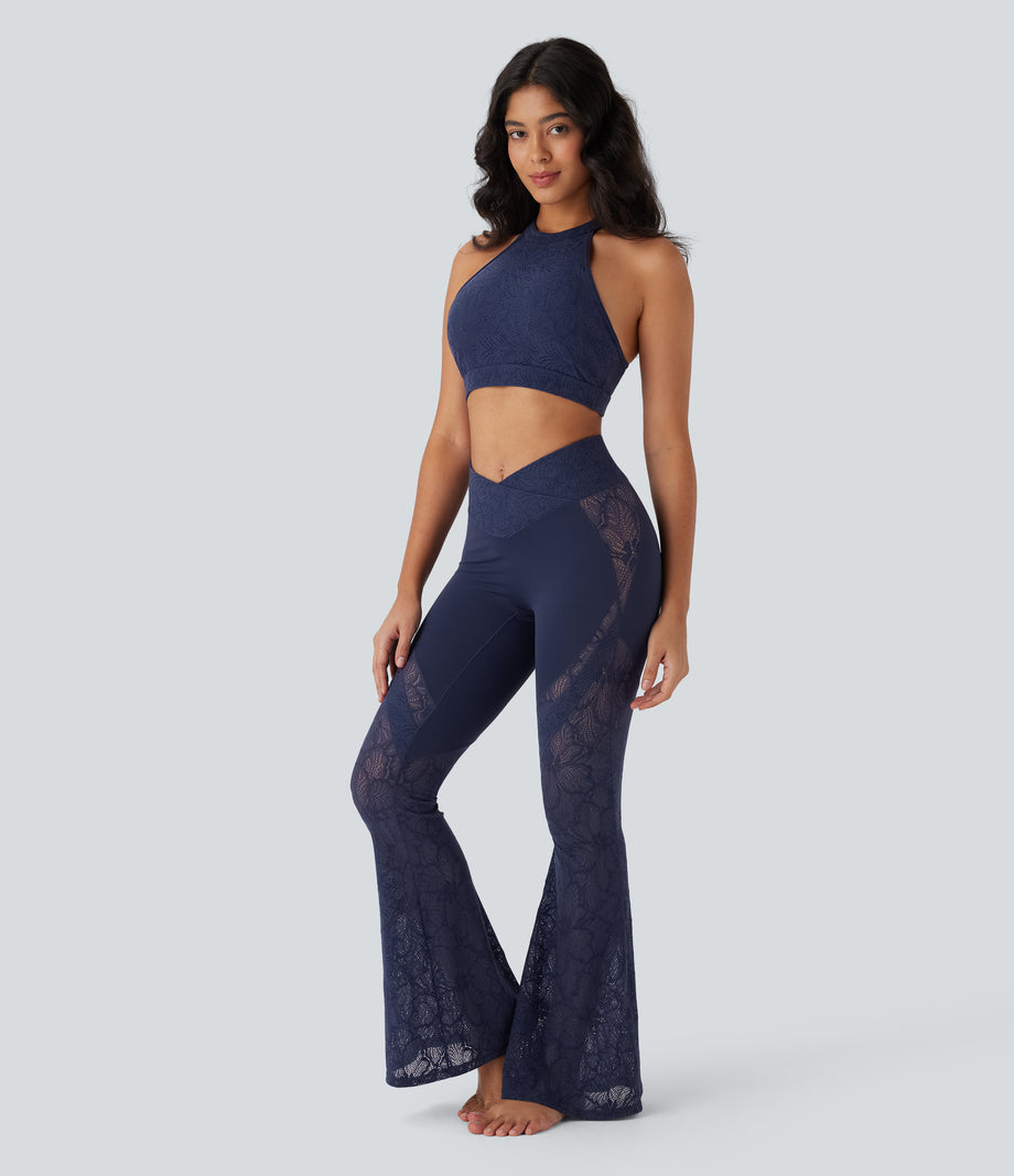 SoftlyZero™ High Waisted Crossover Pocket Contrast Lace Flare Yoga Leggings - Peacoat