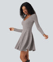 Ribbed Knit V Neck Long Sleeve Flare Mini Casual Dress with Pockets - Light Pink Floral Yarn
