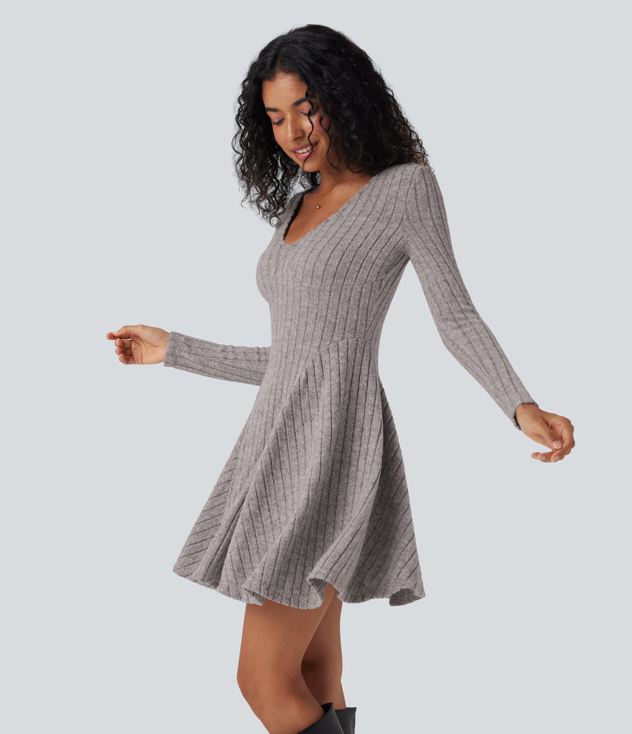 Ribbed Knit V Neck Long Sleeve Flare Mini Casual Dress with Pockets - Light Pink Floral Yarn