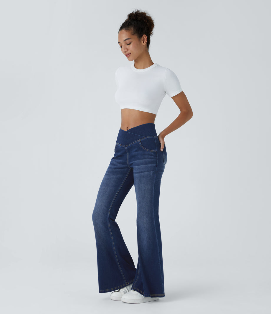 Halara Flex™ High Waisted Crossover Pocket Washed Casual Flare Jeans - Bright Blue Denim