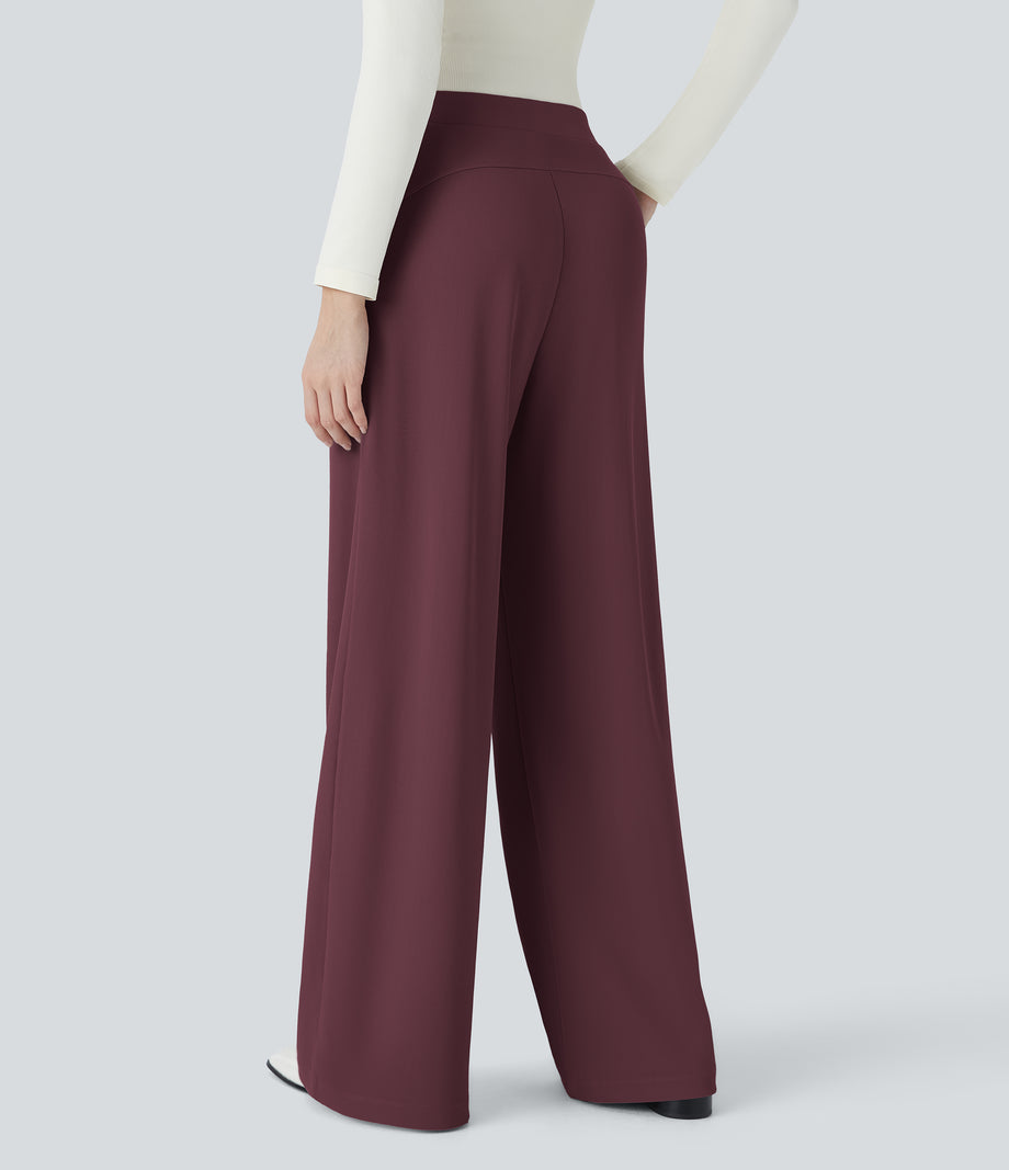 Halara Flex™ High Waisted Body Sculpt Waist-Slimming Pocket Wide Leg Micro Waffle Work Pants - Evening Red