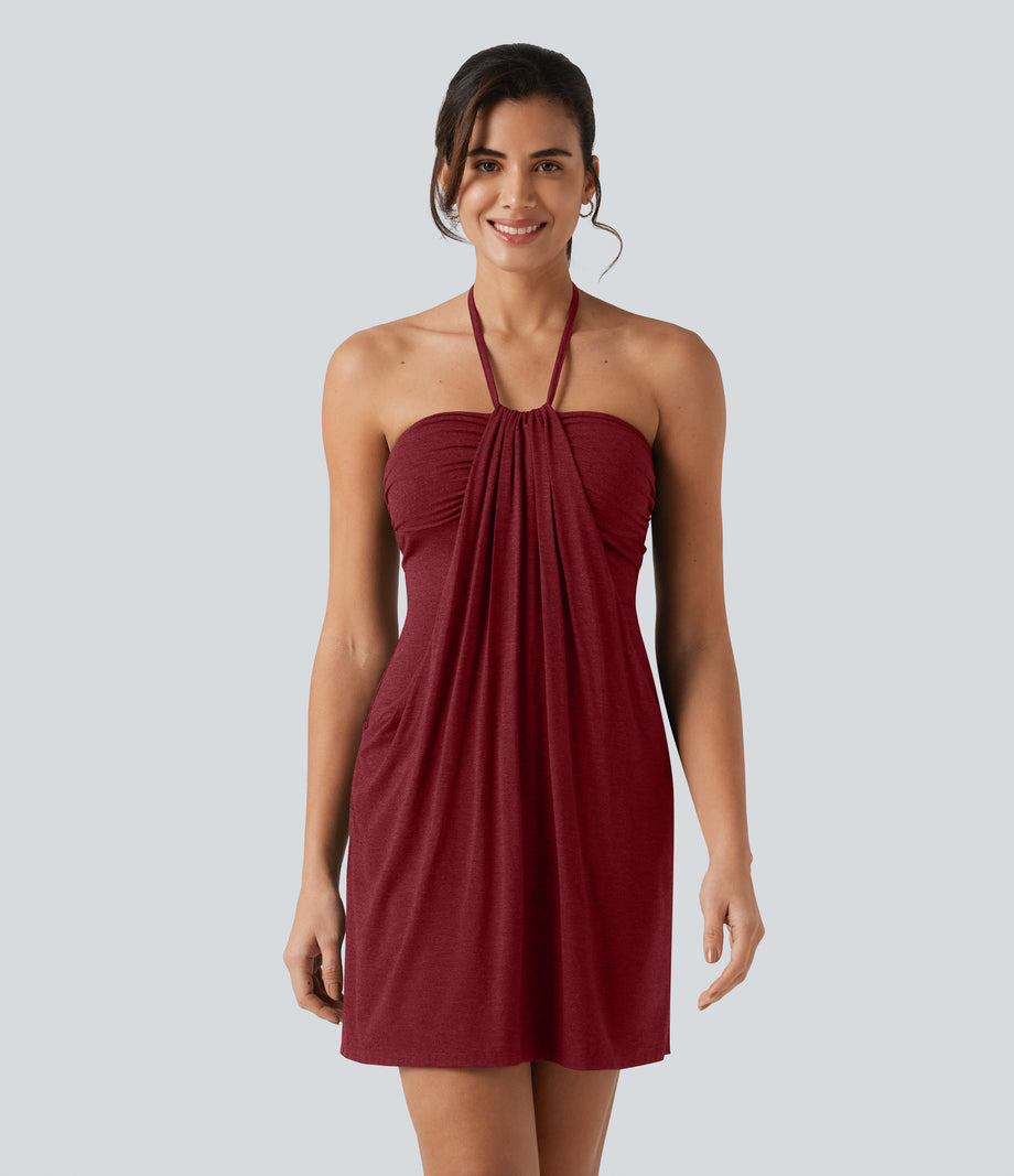 Halter Tie Back Mini Resort Dress with Pockets - Emboldened