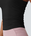 Round Neck Racerback Ruched Yoga Tank Top - Black