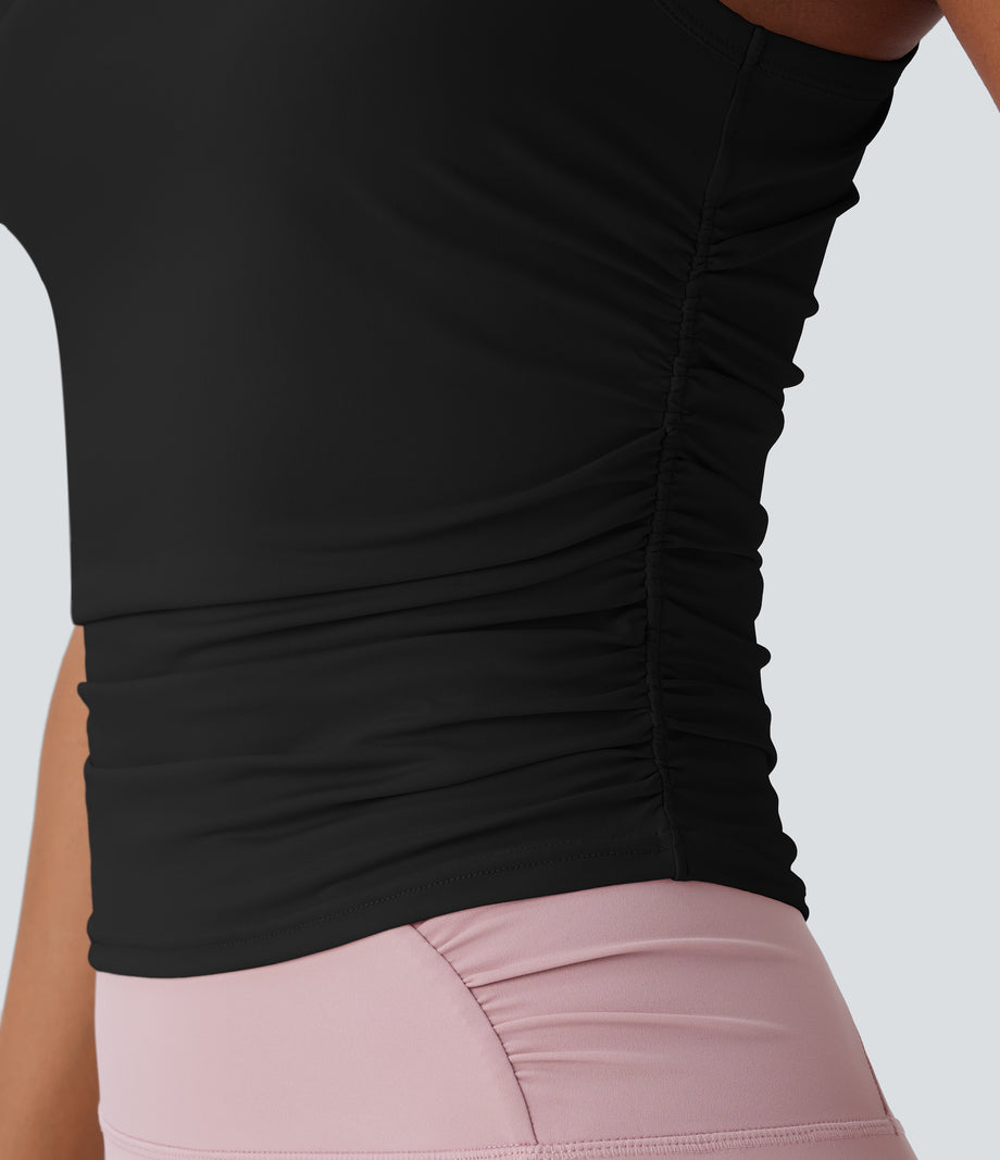Round Neck Racerback Ruched Yoga Tank Top - Black