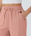 High Waisted Drawstring Pocket Wide Leg Baggy Casual Linen-Feel Pants - Mineral Red