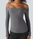 Ribbed Knit Off Shoulder Long Sleeve 2-in-1 Casual Top - Gray Quill